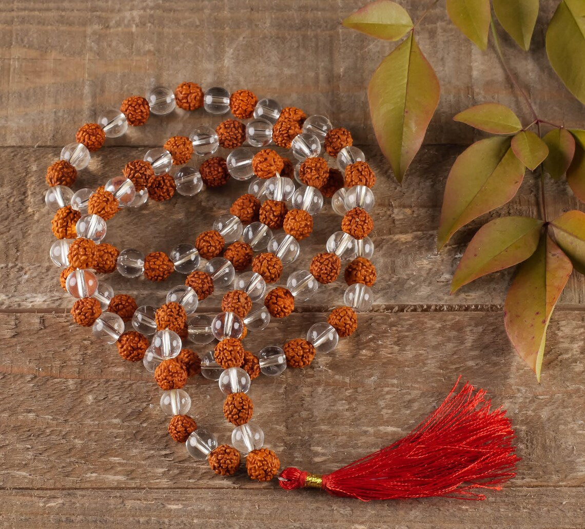 Rudraksha & Clear Quartz Mala