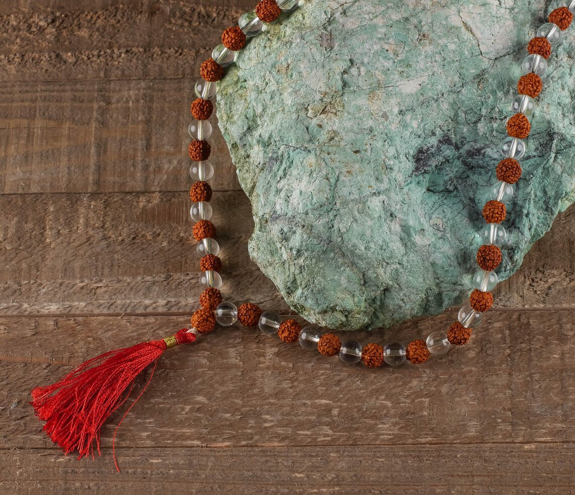 Rudraksha & Clear Quartz Mala